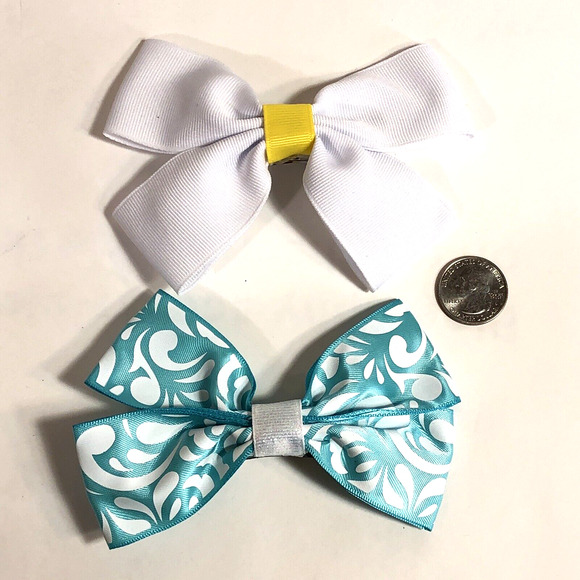 Pair Hair Clip Barrettes - Teal Blue White - Ribbon Bow Knot New Coquette 5" - Picture 7 of 7